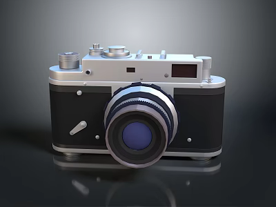 Vintage Analog Camera With Silver Black Body And Blue Lens Design 3d model