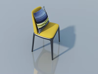 Yellow Chair With Blue Green Striped Pillow And Black Legs In Light Blue Background 3d model