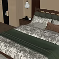Cozy Double Bed With Upholstered Headboard Patterned Bedspread Green Blanket And Open Book On Rug
