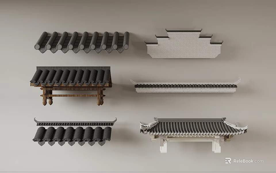 Traditional Chinese Architectural Components With Black Roof Tiles Wooden Eaves And Roof Structures 3d model 