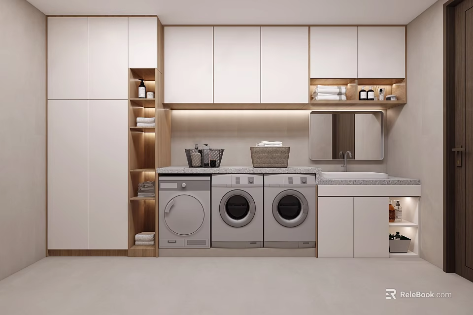 Modern Laundry Room With White Cabinets Three Washers Dryers Lit Shelves Countertop And Mirror 3d model 