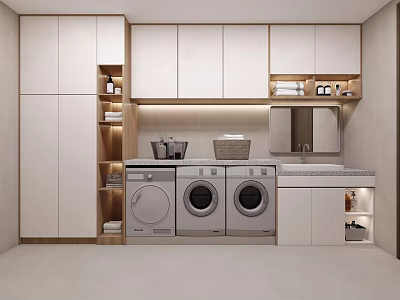 Modern Laundry Room With White Cabinets Three Washers Dryers Lit Shelves Countertop And Mirror 3d model