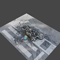 Wrecked Motorcycle With Scorched Parts And Broken Wheel On Zebra Crossing