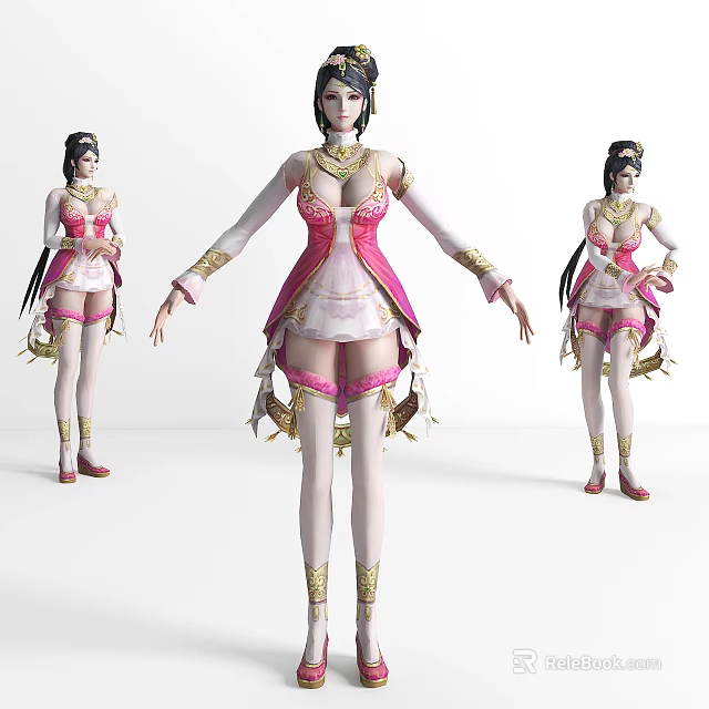 Female Characters In Pink White Costumes With Golden Decorations Long Hair Boots And Different Poses 3d model 