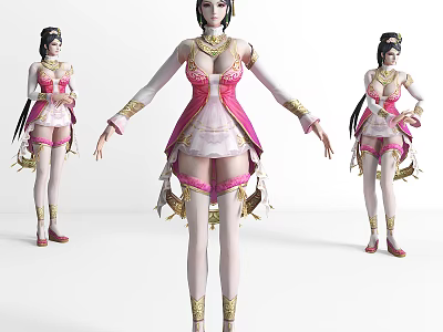 Female Characters In Pink White Costumes With Golden Decorations Long Hair Boots And Different Poses 3d model