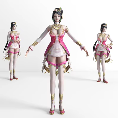 Female Characters In Pink White Costumes With Golden Decorations Long Hair Boots And Different Poses 3d model