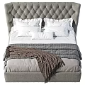 Double Bed With Tufted Gray Headboard White Pillows Checkered Blanket And Brown Knit Throw 3d model