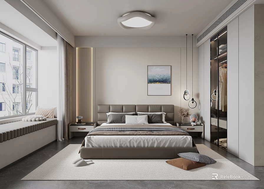 Modern Bedroom Interior Design With Bed Nightstands Rug Window Decorative Art And Pendant Lights 3d model 
