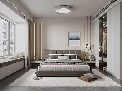 Modern Bedroom Interior Design With Bed Nightstands Rug Window Decorative Art And Pendant Lights 3d model
