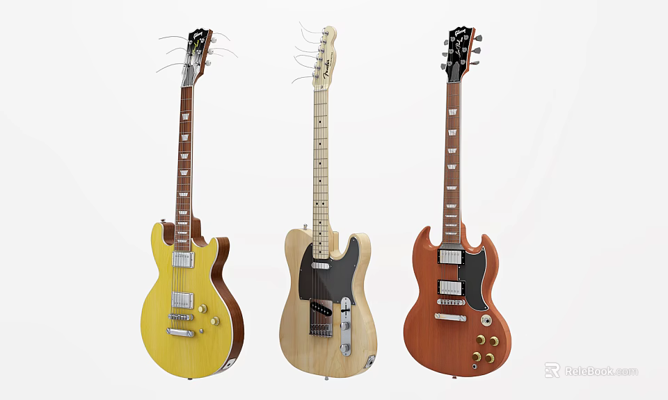 Three Colored Electric Guitars Musical Instruments In Yellow Natural Wood And Brown Tones 3d model 