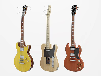 Three Colored Electric Guitars Musical Instruments In Yellow Natural Wood And Brown Tones 3d model