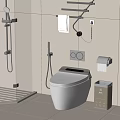 Modern Toilet in Bathroom with White Tile Walls Shower Towel Rack and Toilet Paper Holder