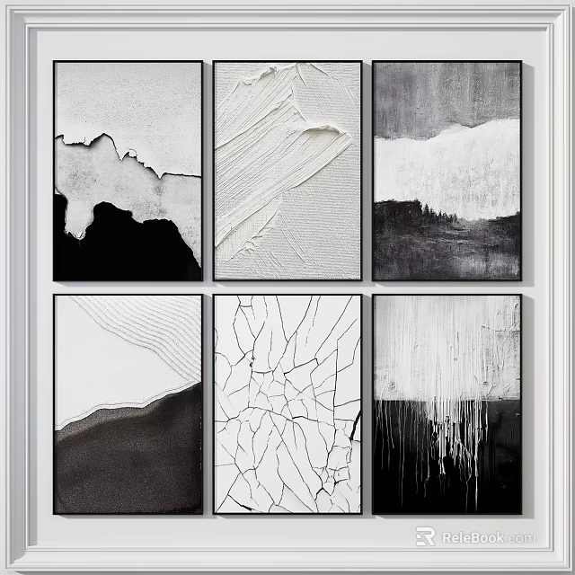 Black And White Abstract Paintings With Textured Patterns For Wall Decor 3d model