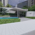 Modern Residential Landscape Featuring Purple Flowering Trees White Entrance and Green Plants