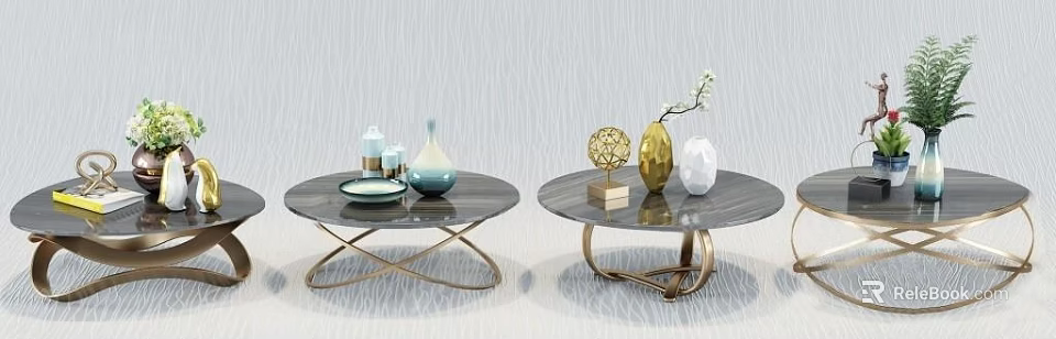 Modern Luxury Coffee Tables Featuring Gold Metal Legs Dark Tabletop Decorative Vases And Geometric Ornaments 3d model 