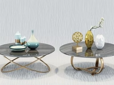 Modern Luxury Coffee Tables Featuring Gold Metal Legs Dark Tabletop Decorative Vases And Geometric Ornaments 3d model