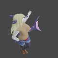 Woman with blonde hair wearing brown top and blue shorts with purple pink tail