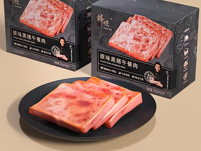 Original Sliced Black Pepper Luncheon Meat in Packaging with Slices on Plate 3d model