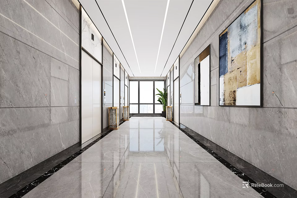 Modern Elevator Hallway Interior With Marble Walls Polished Floors Linear Lighting And Artwork 3d model