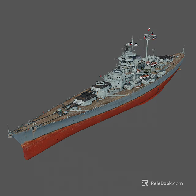 Detailed Battleship Model With Gray Hull Red Bottom Turrets And Masts On Deck 3d model