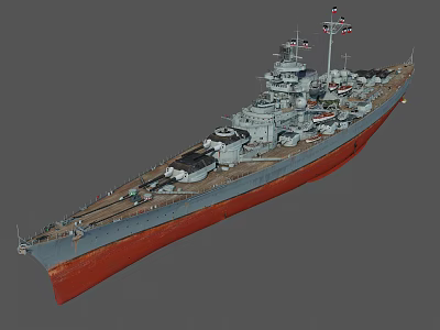 Detailed Battleship Model With Gray Hull Red Bottom Turrets And Masts On Deck 3d model