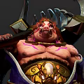Pig Faced Muscular Warrior Creature With Large Weapon And Purple Gold Armor