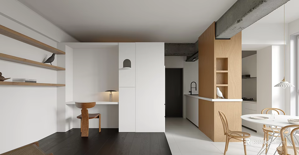 Modern Dining and Living Room Interior with Open Concept Wooden Furniture and White Cabinets 3d model 