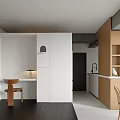 Modern Dining and Living Room Interior with Open Concept Wooden Furniture and White Cabinets