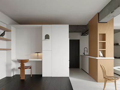 Modern Dining and Living Room Interior with Open Concept Wooden Furniture and White Cabinets 3d model