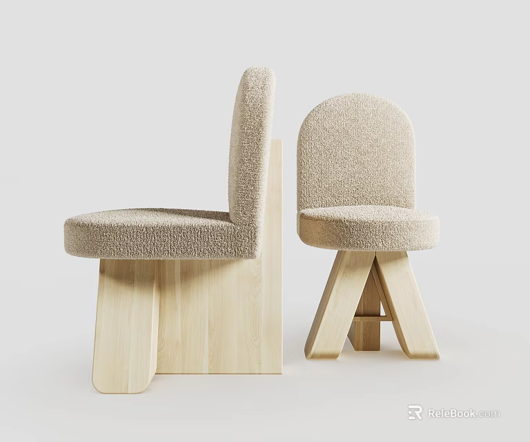 Two Modern Minimalist Dining Chairs With Beige Plush Fabric Seats And Wooden Legs 3d model 