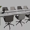 White Modern Office Conference Table With Beige Rolling Chairs Laptop Water Cups And Potted Plant