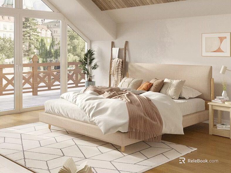 Bright Bedroom With Beige Bed White Bedding Brown Throw Geometric Rug Large Windows And Plants 3d model 