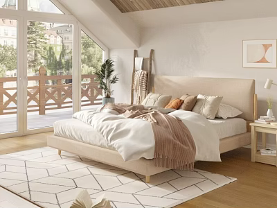 Bright Bedroom With Beige Bed White Bedding Brown Throw Geometric Rug Large Windows And Plants 3d model