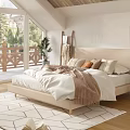 Bright Bedroom With Beige Bed White Bedding Brown Throw Geometric Rug Large Windows And Plants