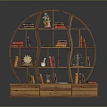 Indoor Scene Featuring Circular Wooden Bookshelf With Books Decorations And Drawers