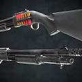 Detailed Close Up View Of Black Tactical Shotgun With Double Barrel And Shell Holder
