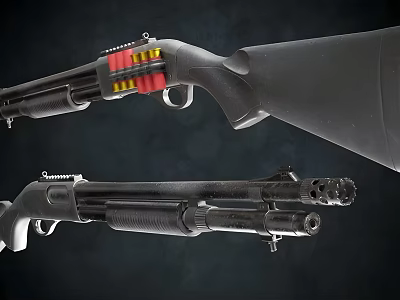 Detailed Close Up View Of Black Tactical Shotgun With Double Barrel And Shell Holder 3d model