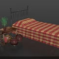 Vintage Iron Bed With Red Yellow Checkered Bedspread Nightstand Potted Plant And Wicker Baskets