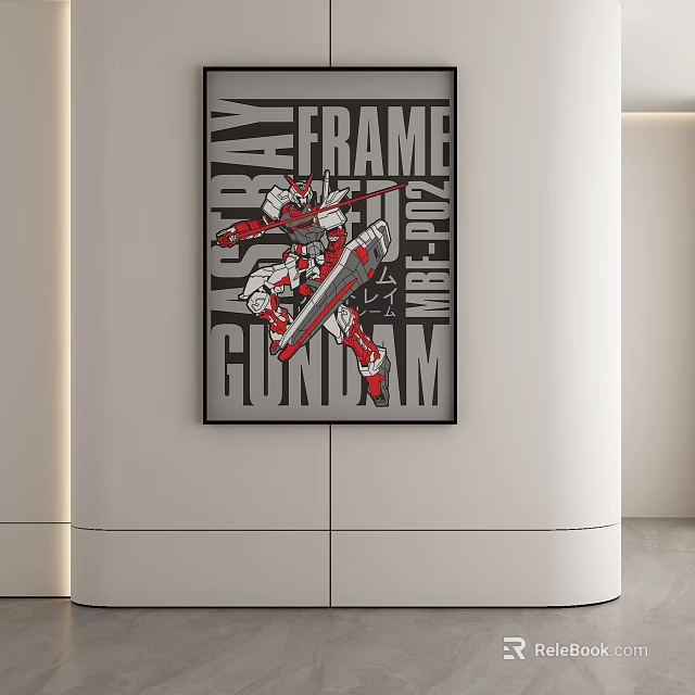 Gundam Themed Wall Hanging with Red White Robot Design Black Frame on White Wall 3d model 