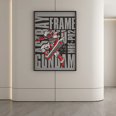 Gundam Themed Wall Hanging with Red White Robot Design Black Frame on White Wall 3d model
