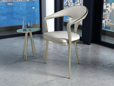 Modern Cream Dining Chair With Gold Frame And Glass Side Table By Large Window With City View 3d model