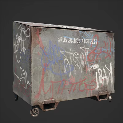 Public Facility Weathered Trash Bin With Colorful Graffiti And Wheels 3d model