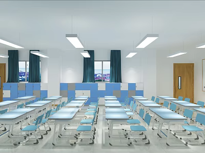 School Classroom With Blue Chairs White Desks Windows And Ceiling Lights 3d model