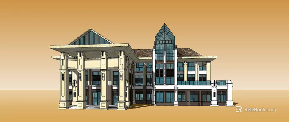 Classical Modern Building Exterior With Columns Triangular Glass Roof Tall Glass Tower Balconies And Windows 3d model 