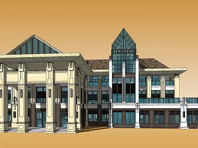 Classical Modern Building Exterior With Columns Triangular Glass Roof Tall Glass Tower Balconies And Windows 3d model