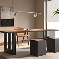 Modern Wooden Desk With Metal Frame And Brown Chair Stools Lighting Wall Art