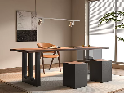 Modern Wooden Desk With Metal Frame And Brown Chair Stools Lighting Wall Art 3d model
