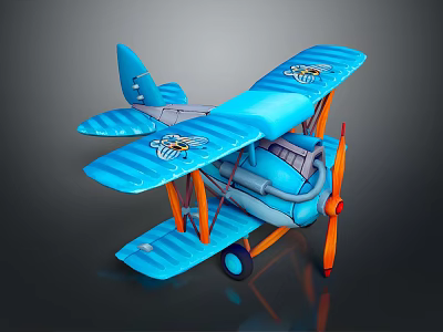Blue Toy Passenger Plane With Orange Propeller Landing Gear And Bee Patterns On Wings 3d model
