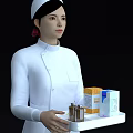 Woman Nurse in White Uniform Holding Tray with Medicine Bottles and Boxes