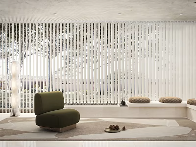 White Vertical Slat Curtains In Modern Interior With Green Armchair Trees Outside And Round Cushions 3d model